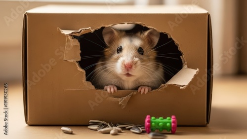 Cute hamster peeking out of a torn cardboard box with sunflower seeds.