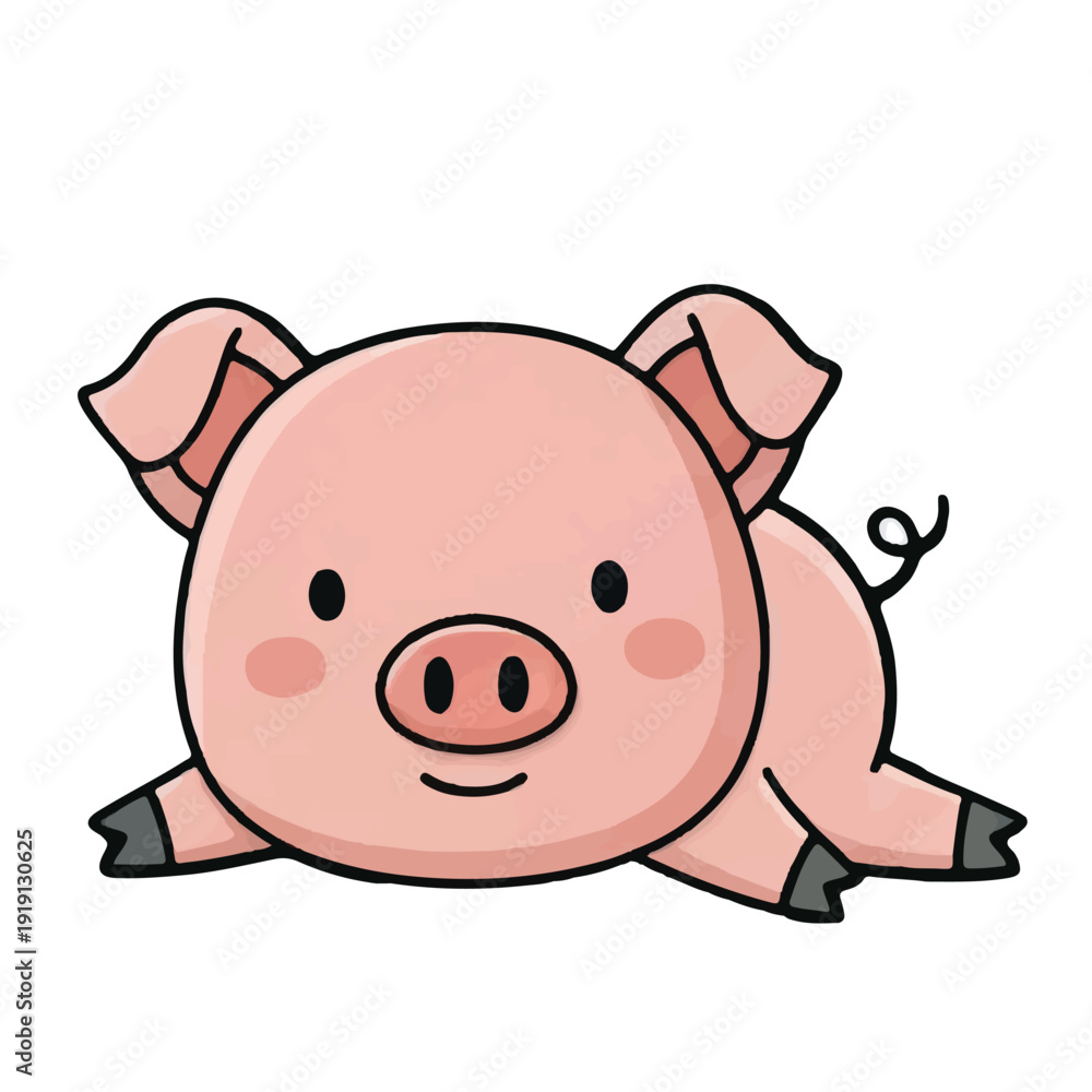 Fototapeta premium Cute pink cartoon piggy bank with a green leaf on its back smiling in a simple vector illustration