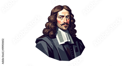 Stylized portrait of a 17th-century gentleman with a mustache and wig Low Polygonal