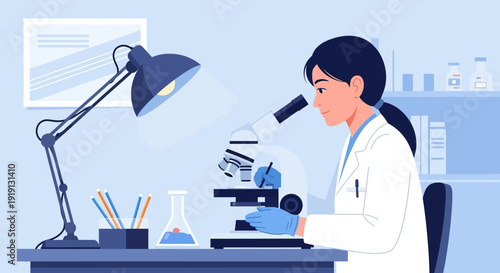 Female Scientist Examining Sample Under Microscope.