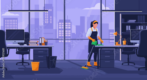 Janitor Cleaning Office Workspace Professionally.