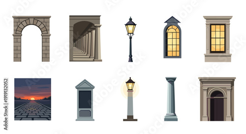 Collection of architectural elements and a sunset road, vector art Low Polygonal