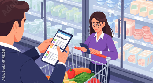 Man using smartphone near shopping cart and woman.