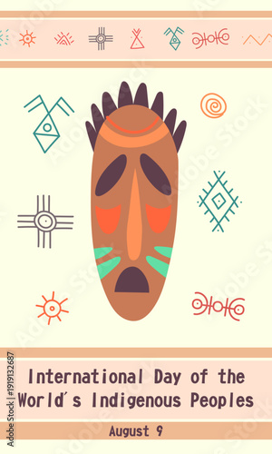 International Day of the Worlds Indigenous Peoples vertical banner with ethnic mask and tribal ornaments. Flat illustration for social media stories, cultural posters or 9 August event banners
