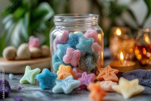 Colorful wax melts in star and flower shapes inside glass jar and scattered on table with warm candlelight creating cozy atmosphere