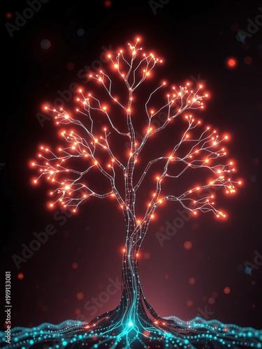Futuristic vector tree with glowing connections, abstract data visualization,  network,  analysis