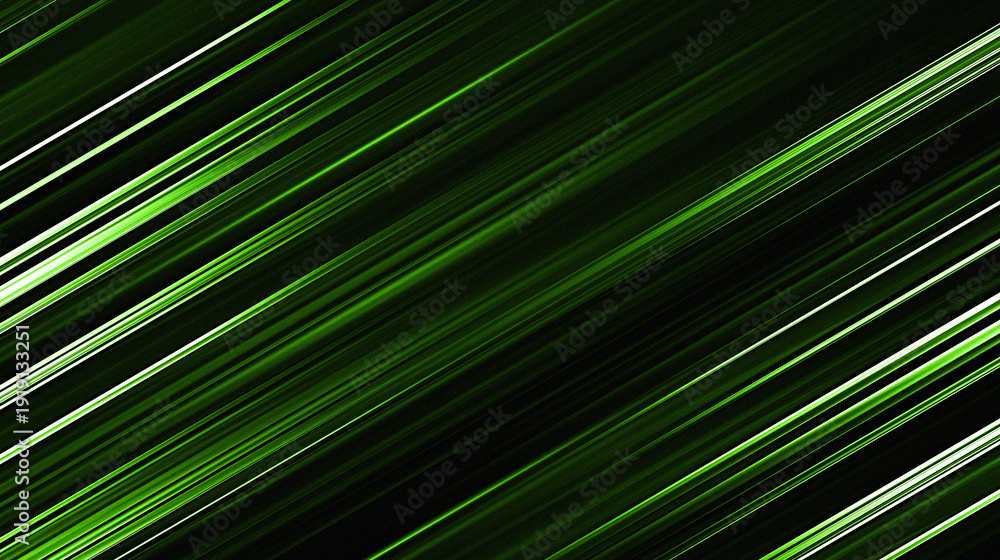 Obraz premium Bright green lines that run sharply diagonally across a deep black background. This design conveys a sense of speed, kinetic energy, and a strong sense of technology.