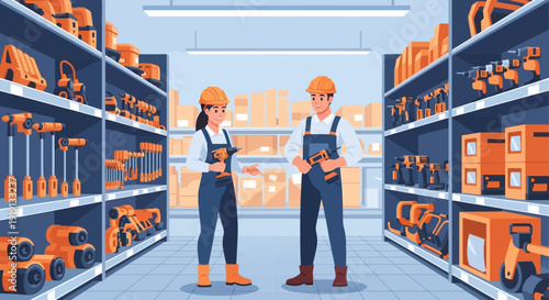 Two Workers Standing in Power Tool Store.