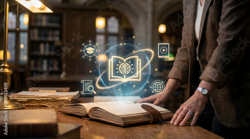 Academic researcher using futuristic holographic interface for advanced digital learning and education