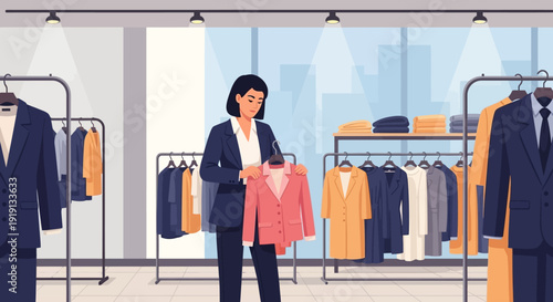 Woman Shopping for Clothes in Store.