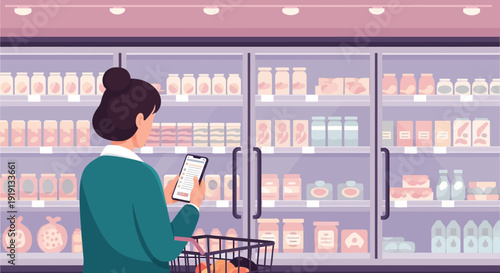 Woman Shopping with Smartphone in Supermarket.