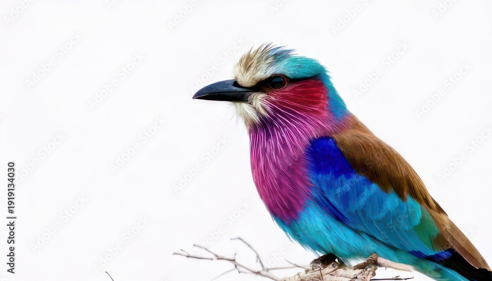 Obraz premium Colorful Lilac-breasted Roller Bird Perched on a Twig Against White Background.