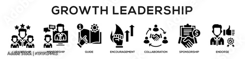 Glyph - Growth Leadership web banner icon vector illustration concept for business with icon of Leadership, Mentorship, Guide, Encouragement, Collaboration, Sponsorship,.