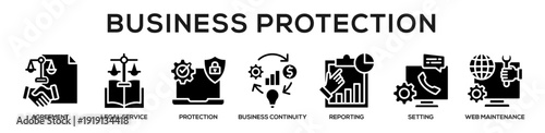Glyph - Business Protection web banner icon vector illustration concept for business with icon of Agreement, Legal service, Protection, Business Continuity, Reporting, Setting, Web.