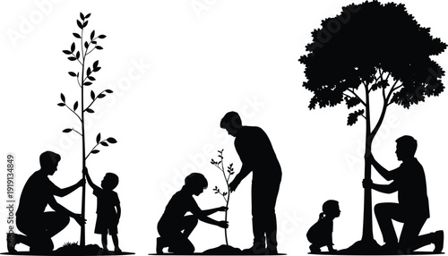 Family planting trees silhouette vector illustration, parents kids gardening together, environmental protection concept, reforestation and sustainability theme, outdoor eco friendly activity isolated 