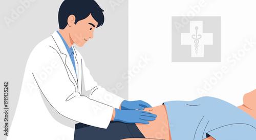 Doctor examining patient's abdomen in clinic with medical cross symbol
