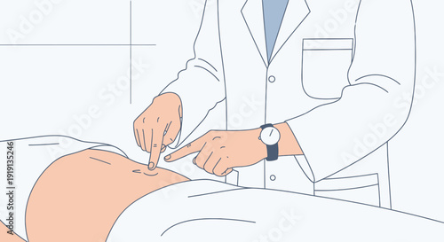 Doctor examining patient's abdomen, medical examination in clinic
