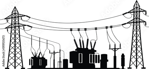 Silhouette of electrical substation with high voltage transmission towers and power lines, energy distribution infrastructure concept, industrial electricity grid system