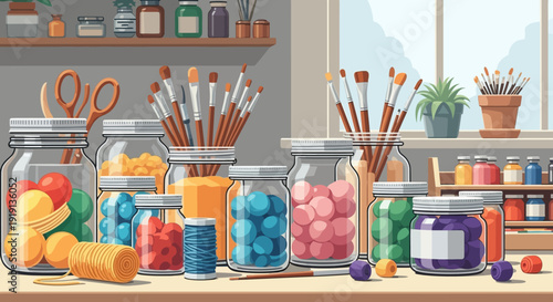 Assorted Art Supplies and Crafting Materials.