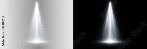 Glowing white spotlight ray, abstract luminous beam with soft haze and radiant presentation vector element on transparent background
