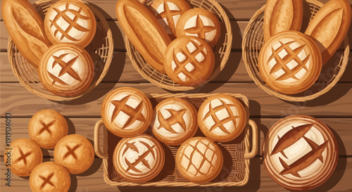 Assorted Bread Loaves and Rolls Display.
