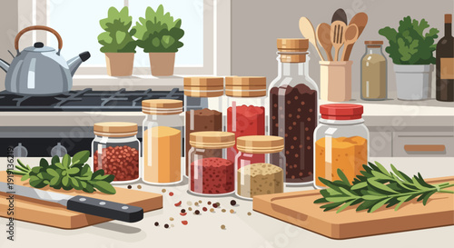 Assorted Spices and Herbs in Jars.