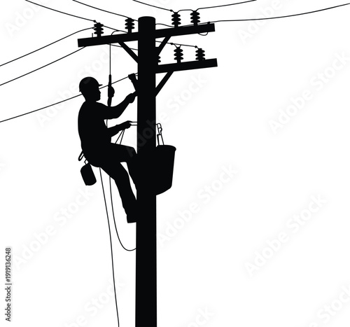 Silhouette of electrician lineman working on utility pole with overhead power lines, repairing electrical cables, safety harness concept, energy distribution maintenance, black vector illustration.
