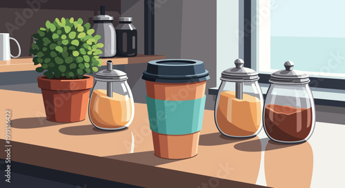 Coffee Cup with Coffee Beans and Plant.