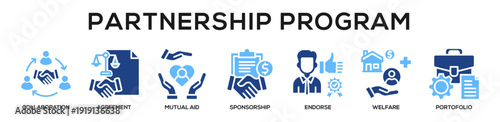 Glyphcolor - Partnership Program web banner icon vector illustration concept for business with icon of Collaboration, Agreement, Mutual Aid, Sponsorship, Endorse, Welfare,.