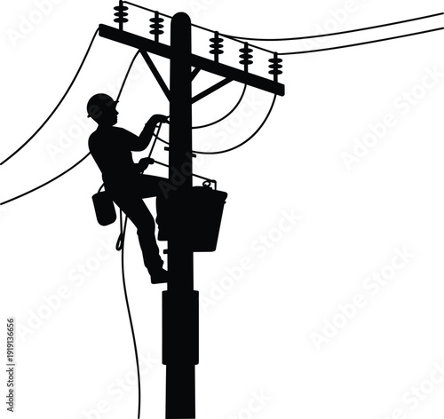 Silhouette of electrician lineman working on utility pole with power lines, electrical maintenance concept, safety equipment, energy distribution service, black and white vector illustration.