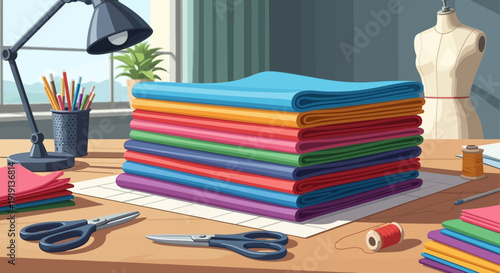 Colorful Fabric Stack with Sewing Tools.