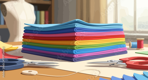 Colorful Stack of Folded Fabric on Table.