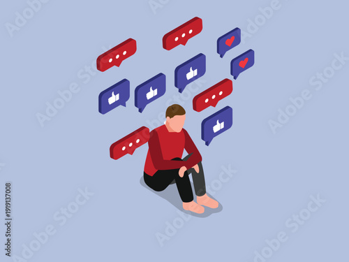 Depressed Man Sitting Alone Surrounded by Social Media Notifications; Digital Burnout, Loneliness, and Online Validation 3d isometric vector illustration