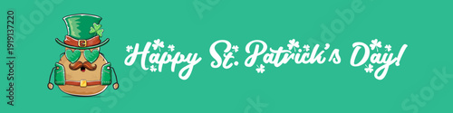 Funny St. Patricks Day wide banner with rock star potato character in leprechaun hat, Irish holiday greeting with groovy typography on green. Humorous Happy St. Patricks Day banner with potato mascot
