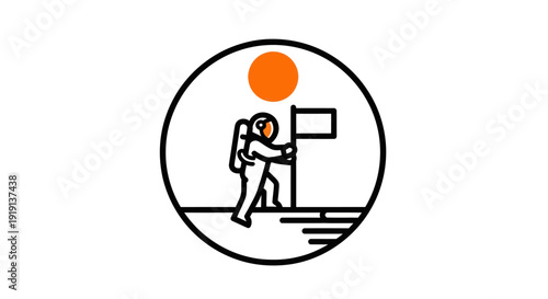 Astronaut planting flag on a planet in a circular illustration