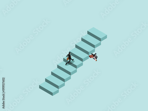 Business Competition Concept with Businessman Climbing Stairs and Rival Falling Down Career Ladder 3d isometric vector illustration