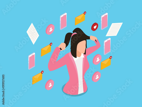 Stressed Woman Overwhelmed by Constant Smartphone Notifications and Digital Distractions 3d isometric vector illustration