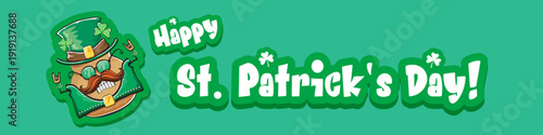 Funny St. Patricks Day wide banner with rock star potato character in leprechaun hat, Irish holiday greeting with groovy typography on green. Humorous Happy St. Patricks Day banner with potato mascot