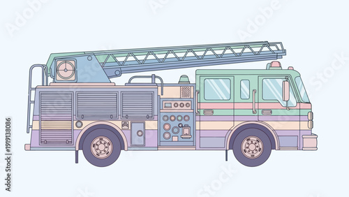 Side view illustration of a pastel colored fire truck with ladder