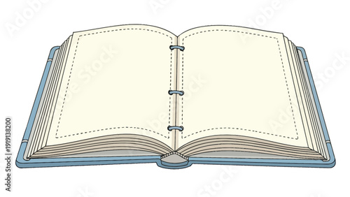 Open blank book with blue hardcover and empty pages