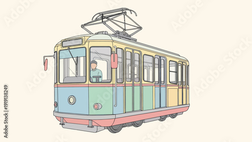 Colorful vintage electric tram with driver in a city setting