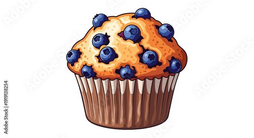 Freshly baked blueberry muffin with paper cup isolated illustration.
