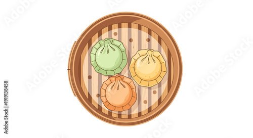 Colorful steamed dumplings in a traditional bamboo steamer basket