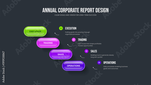 Investor Planning 4 Step Diagram Presentation Layout. Product Visualization Four Element Infographic Frame Template. Professional Analysis Slide Design Vector Illustration.