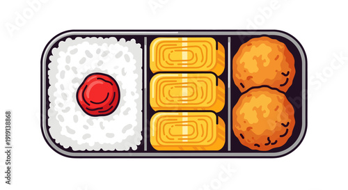 Japanese bento lunch box with rice  omelets  and croquettes