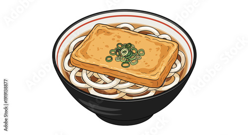 Classic Kitsune Udon noodle soup with fried tofu in bowl.