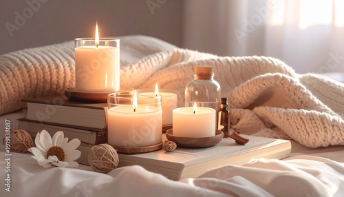 Cozy candles and books on bed.