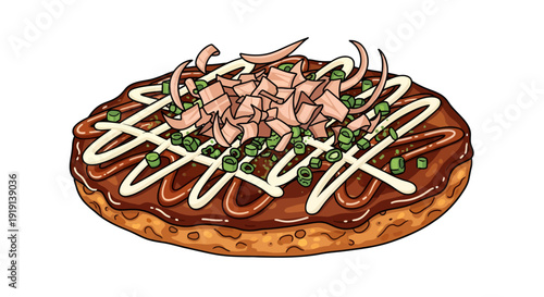 Japanese savory pancake Okonomiyaki with sauce and toppings.