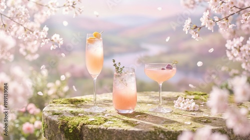 Pink Cocktails on Mossy Stone with Cherry Blossoms Falling