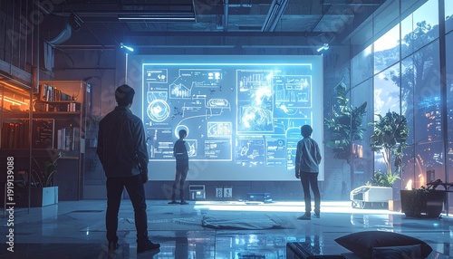 Futuristic Control Room with People Monitoring Data.